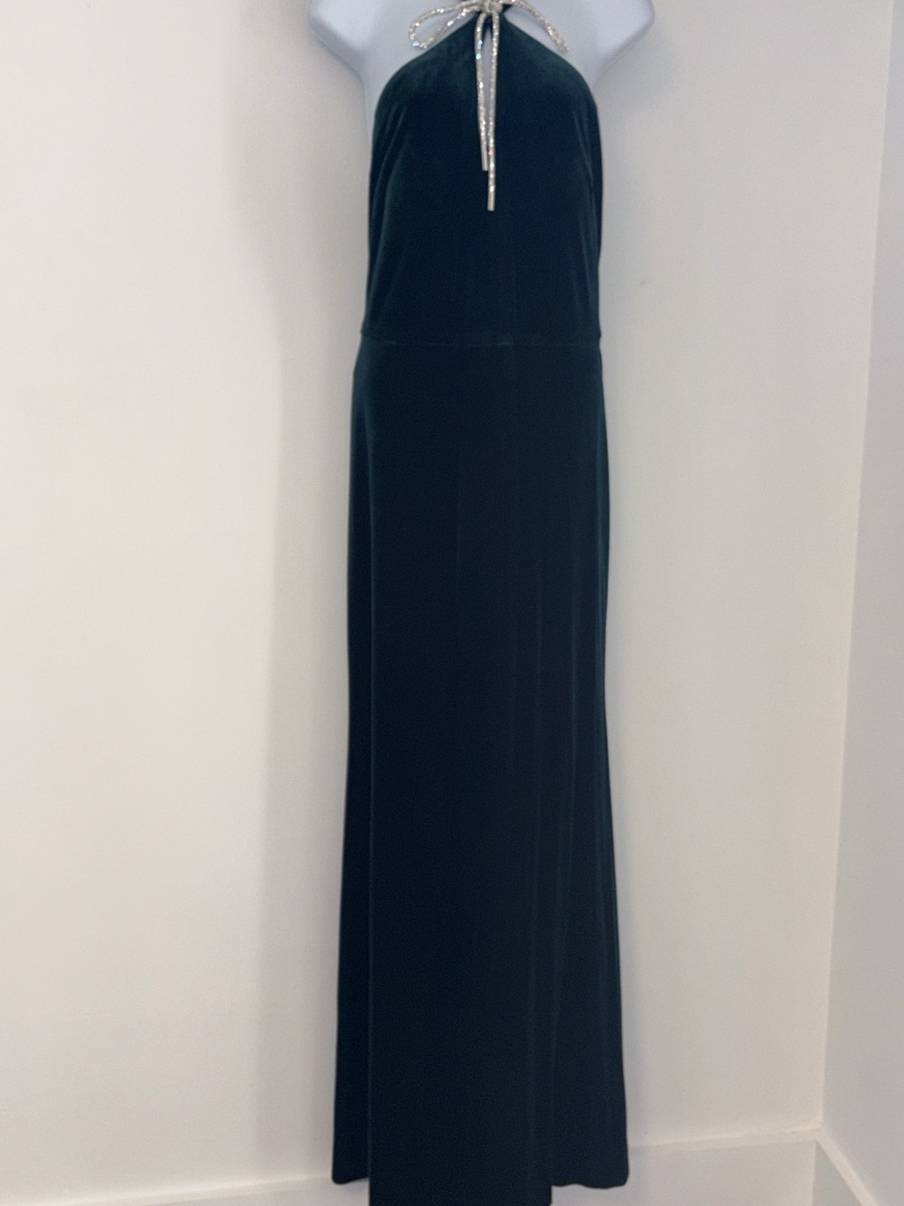 Elegant Green or dark green Velvet Halter Gown with Silver Tie